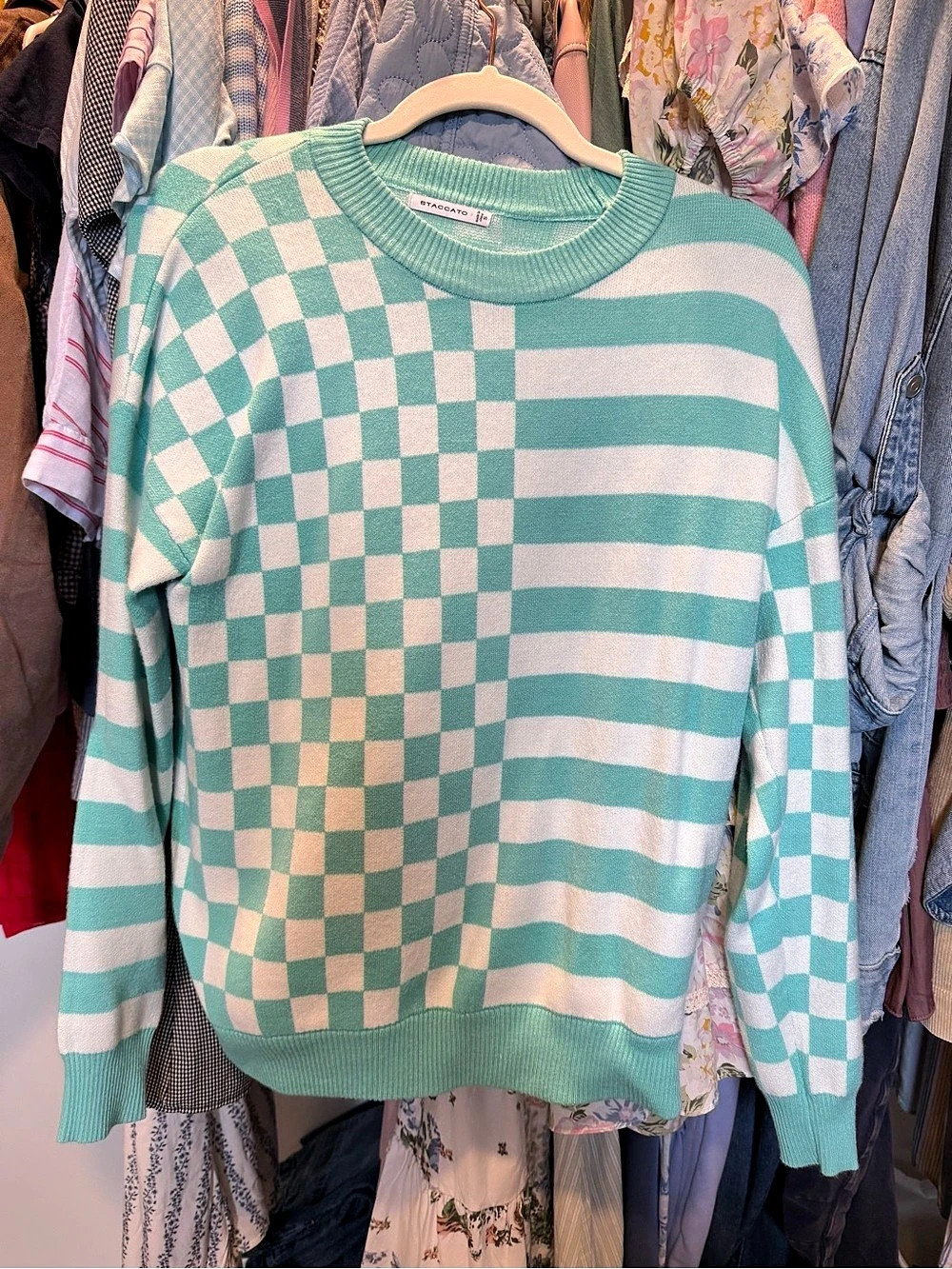Staccato Women's Checkered Crewneck Sweater in Green & White